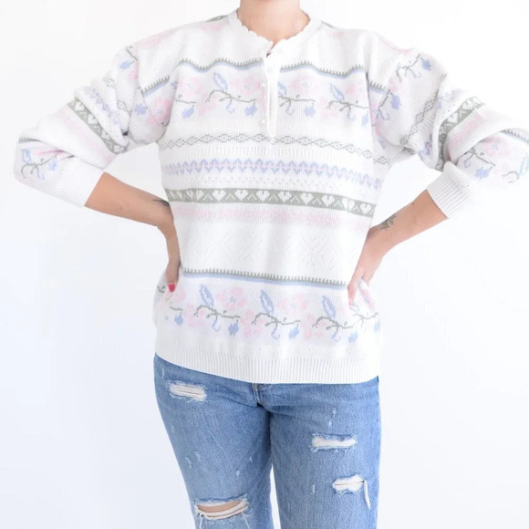 Vintage Grace Cream with Pink  Floral Half Button Down Sweater - Picture 2 of 13